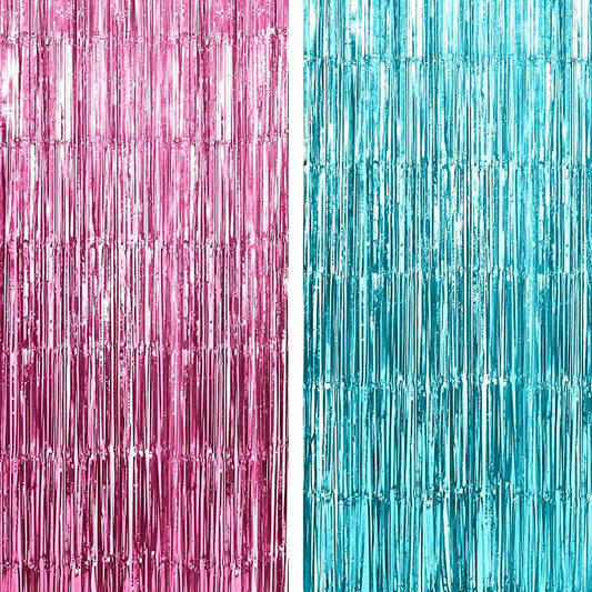 KatchOn, Large Pink and Blue Foil Fringe - 6.4x8 Feet, Pack of 2 | Girl or Boy Gender Reveal Decorations | Pink and Blue Fringe, Boy or Girl Backdrop | Gender Reveal Backdrop for Gender Reveal D√©cor
