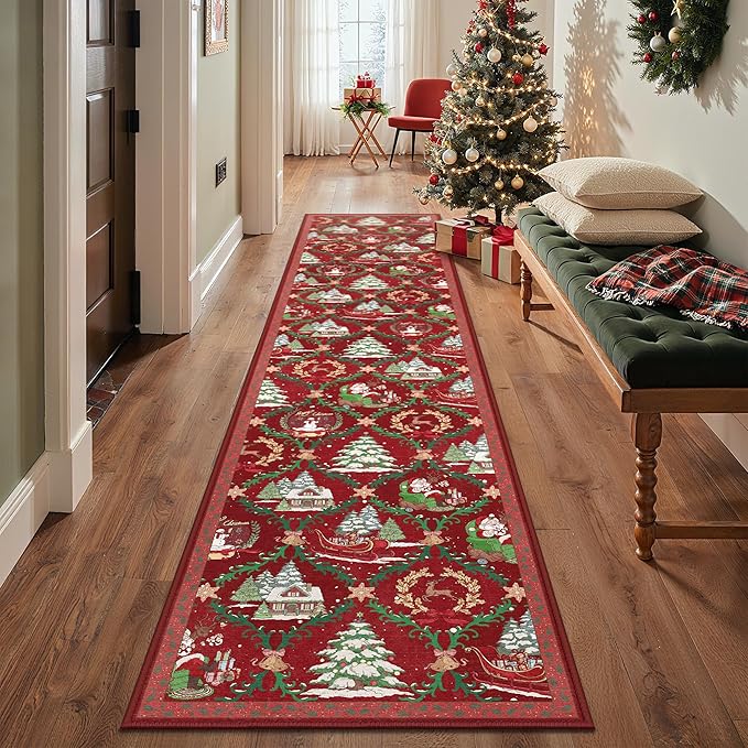 Christmas Runner Rug 2x6 Washable Rug for Hallway Kitchen Bedroom, Christmas Home Decor, Holiday Print Carpet, Low Pile Mat with Non Slip Backing, Crimson Christmas Tale Pattern