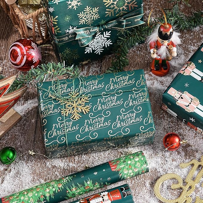 WRAPAHOLIC 30 Inch Nutcracker Christmas Wrapping Paper Roll - Jumbo Roll Green Christmas Tree, Snowflakes and Nutcracker with Metallic Foil Shine Design - 4 Rolls - 30 Inch x 120 Inch Per Roll
