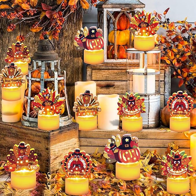 12 PCS Turkey Tea Lights Candles Thanksgiving Table Decorations, LED Flameless Tealight Candles Battery Operated Thanksgiving Decorations Centerpieces Turkey for Table Home Indoor Party Decor Gifts