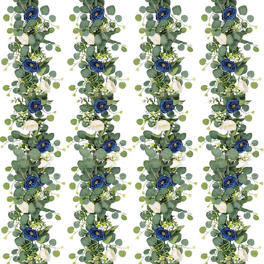 TOCHGREEN 4 Pack Artificial Eucalyptus Flower Garland with White and Blue Roses, Fake Rose Flower Greenery Garland Floral Vines for Wedding Home Party Table Runner Decor (Blue White, 4PCS)