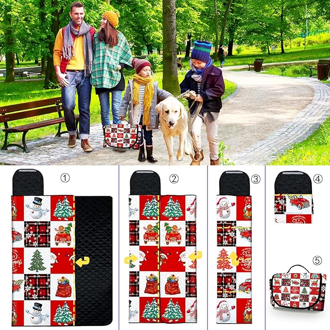 Poedist Extra Large Picnic Blanket Waterproof,80"x 80"Foldable Machine Washable Beach Blanket,Outdoor Blanket for 6-8 Adults,Suitable for Crawling,Park Beach,Camping,Hiking,Family,Merry Christmas