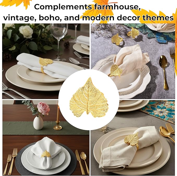 Elegant Handcrafted Leaf Napkin Rings - Set of 12 Premium Aluminum Holders for Dinner Parties, Weddings, Special Occasions & Everyday Dining (Gold) - CLEENTABLE