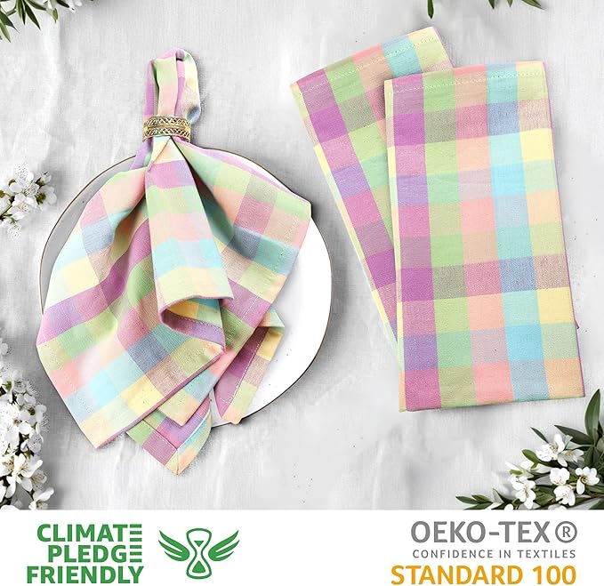 Urban Villa Easter Cloth Napkins (Set of 12)100% Cotton Highly Absorbent Dinner Napkins 20x20 Inches Soft Durable Reusable Washable Easter Checks Table Dinner Napkins for Home Parties Wedding Napkins