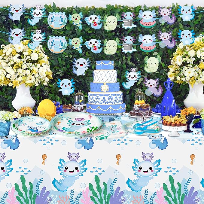 Blue Axolotl Party Decoration - Serves 24 - 112Pcs Cute Cartoon Axolotl Party Supplies, Animals Disposable Plate Napkin Forks Tablecloth Banner Card, for Kids Boy Birthday Baby Shower