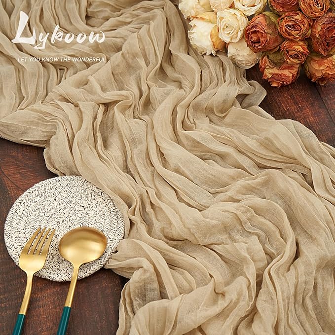 10 Packs Cheesecloth Table Runner Beige, 10Ft Rustic Gauze Boho Wedding Table Runner Decoration, Wedding Table Decor Table Cloth for Wedding Party Bridal Shower Table(35x120 inch)