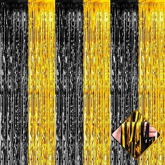 4 Pack 3.2Ft x 9.8Ft Black Gold Foil Fringe Curtain Backdrop, Metallic Tinsel Foil Fringe Streamers Curtains Background for Photo Booth, Birthday, Wedding, Graduation Party Decoration