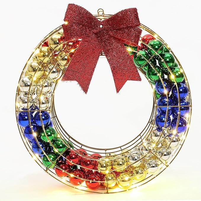 LuxenHome 24Inch Lighted Christmas Wreath, Christmas Outdoor Decorations, Large Wreath with Red Bow 188 LED Lights, Ornament Colorful Balls for Indoor, Lawn, Yard, Garden, Holiday Decor