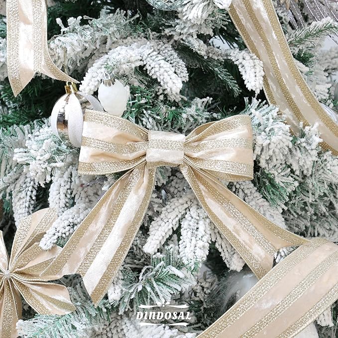 Champagne Velvet Wired Ribbon with Glitter Stripe 2.5 Inch Crushed Velvet Christmas Ribbon, 10 Yards for Gift Wrapping, Crafts, Christmas Tree Decorations, Wreaths, Garlands