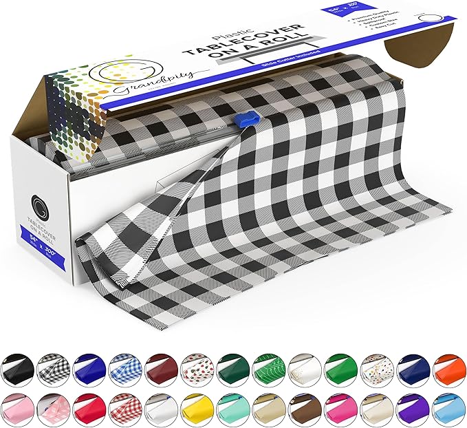 Grandipity Plastic Tablecloth Roll - 54in x 300 Ft. Black Gingham Plastic Table Cloths Disposable with Cutter Box - Cut to Size Disposable Tablecloth Table Cover for Rectangle & Round