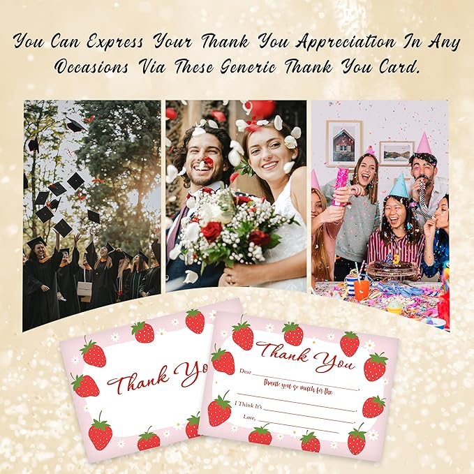 Kids Thank You Card, Strawberry Theme Thank You Notes, Watercolor Fruit Greeting Card With Envelope, Birthday Wedding Graduation Christmas Party Favors Supplies Decor(20 Pcs)-01