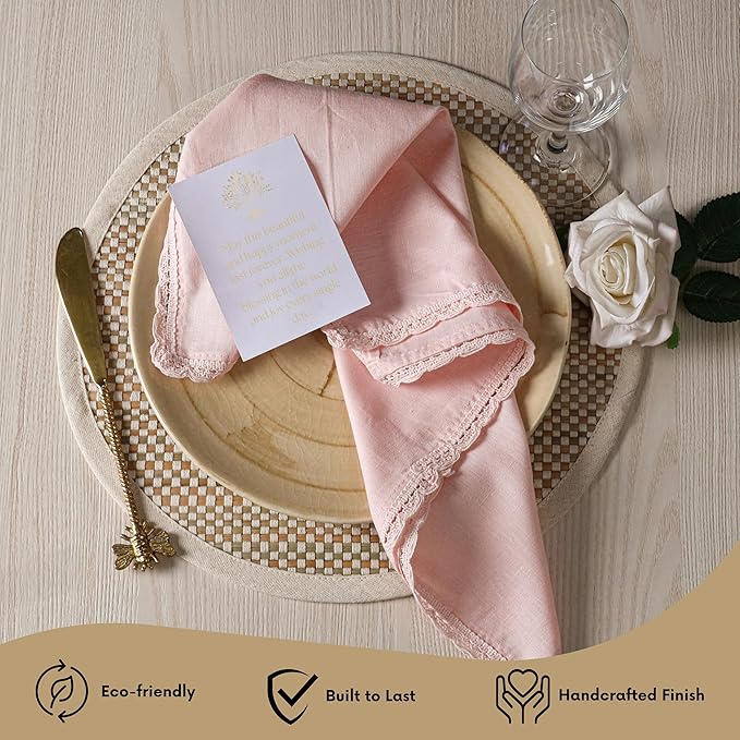 Ramanta Home Linen Flax Cloth Napkins Set of 4 |18x18 Inch | Premium Cotton Linen Flax Lace Soft & Durable | Washable Ideal for Everyday Use Parties Thanksgiving Christmas Halloween Pink