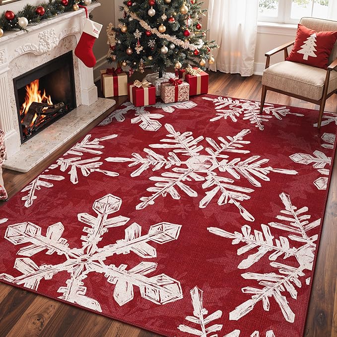 Christmas Area Rug 5x7 for Living Room, Washable Rug for Bedroom, Christmas Home Decor, Holiday Print Carpet, Low Pile Non Slip Mat with Rubber Backing, Snowflake