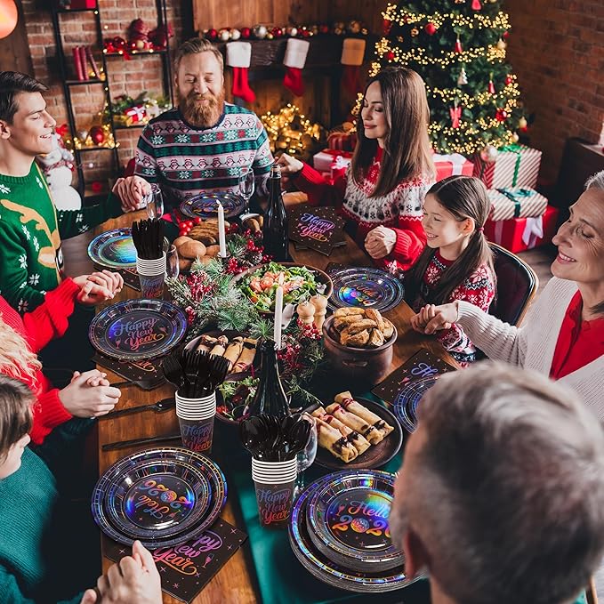 175 Pieces 2026 Happy New Year Iridescent Paper Plates Party Supplies Decorations Eve New Year Party Tableware Set Dinnerware Paper Plates Napkins Cups Cutlery Supplies, Serve for 25 Guest