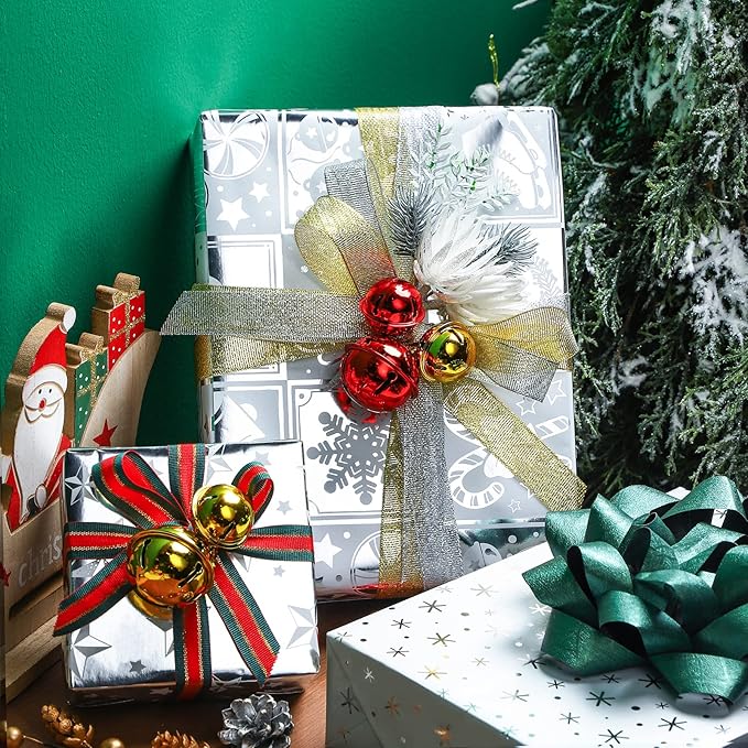 WRAPAHOLIC Silver Christmas Wrapping Paper Set - Silver Snowflakes and Candy Cane Holiday Collection with Metallic Foil Shine Wrapping Paper Bundle with Gift Bow & Ribbon & Tag & Sticker