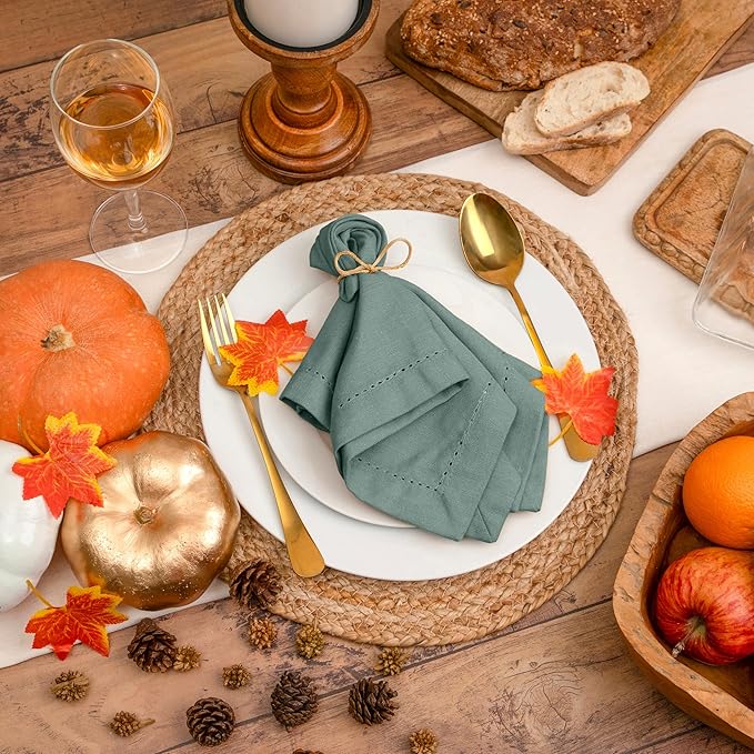 Blue Needles Set of 12 Hemstitch Linen Napkins 100% Cotton Hunter Green Cloth Dinner Napkins 18x18 inches, Soft, Reusable Absorbent Washable, Ideal for Fall Thanksgiving Events, Parties & Everyday Use