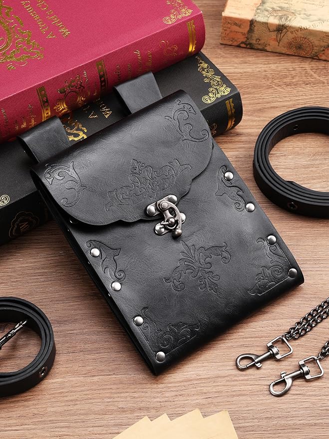 Ultrafun 3pcs Renaissance Belt Accessories Faux Leather Medieval Viking Chain Belt Bag Skirt Hike Ren Faire Costume