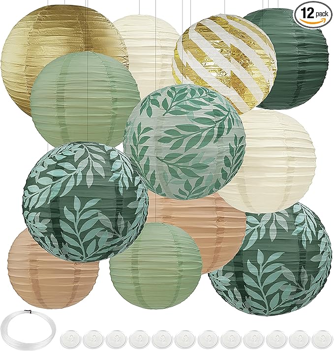 Sage Green Back to School Hanging Paper Lanterns Decorative, 12PCS Sage Green and Gold Forest Birthday Party Decoration with Hooks and Ropes Bridal Shower Wedding Home Decor