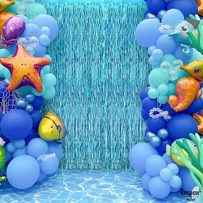 KatchOn, XtraLarge, Wavy Blue Foil Fringe Curtain - Pack of 2 | Blue Fringe Backdrop for Beach Party Decorations | Wavy Streamers For Birthday, Under The Sea Party Decoration | Pool, Summer Decoration