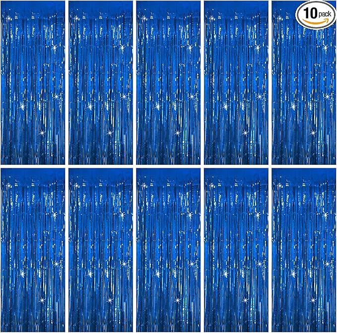Tinsel Curtain Party Backdrop Blue Birthday Decorations 10 Packs Glitter Foil Fringe Curtain Party Decor Streamers Photo Booth for Birthday Christmas Wedding Halloween Graduation Decorations