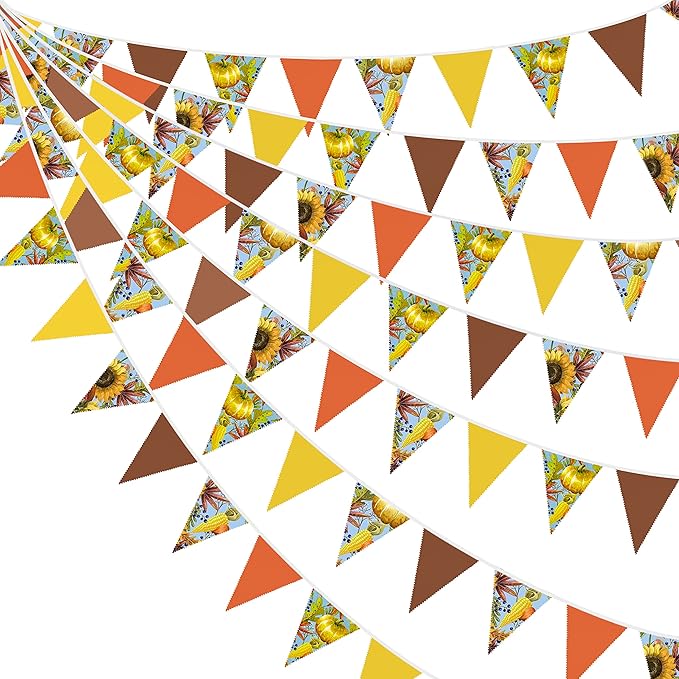 32Ft Orange Yellow Brown Banner Pumpkin Triangle Flag Fabric Pennant Garland Bunting for Happy Fall Decor Thanksgiving Day Harvest Autumn Wedding Birthday Party Home Outdoor Garden Hanging Decoration