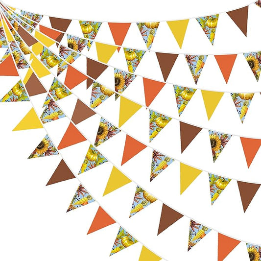 32Ft Orange Yellow Brown Banner Pumpkin Triangle Flag Fabric Pennant Garland Bunting for Happy Fall Decor Thanksgiving Day Harvest Autumn Wedding Birthday Party Home Outdoor Garden Hanging Decoration