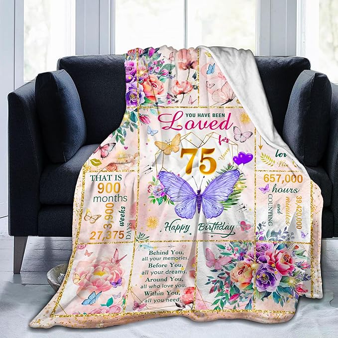75th Birthday Gifts for Women Blanket, Fun Purple Butterfly Flower Throw Blanket Unique Gifts for 75 Year Old Woman, 75th Birthday Decorations for Women, Super Soft Warm Plush Flannel Blankets 60"X50"