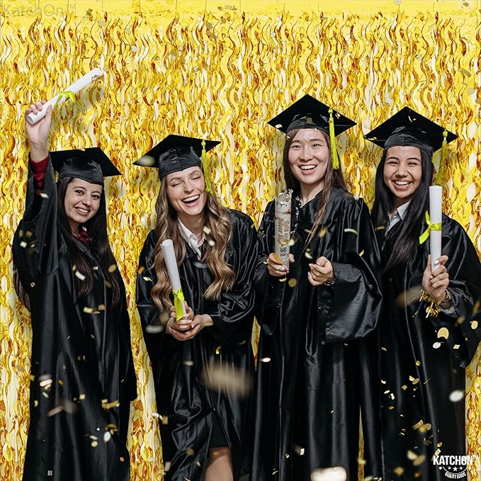 KatchOn, Large Wave Gold Backdrop Curtain - Pack of 2 | Gold Streamer Backdrop for Graduation | Golden Fringe Backdrop for Graduation Decorations 2025, Golden Birthday Decorations, Bridal Shower