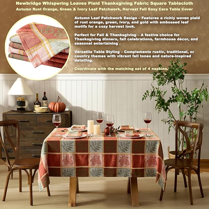 Newbridge Whispering Leaves Rust Orange and Green Plaid Thanksgiving Tablecloth, 52 x 52 Inch Square, Autumn Leaf Woven Fabric Table Cover, Fall Harvest Dining Decor