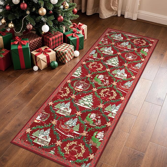 Christmas Runner Rug 2x6 Washable Rug for Hallway Kitchen Bedroom, Christmas Home Decor, Holiday Print Carpet, Low Pile Mat with Non Slip Backing, Crimson Christmas Tale Pattern