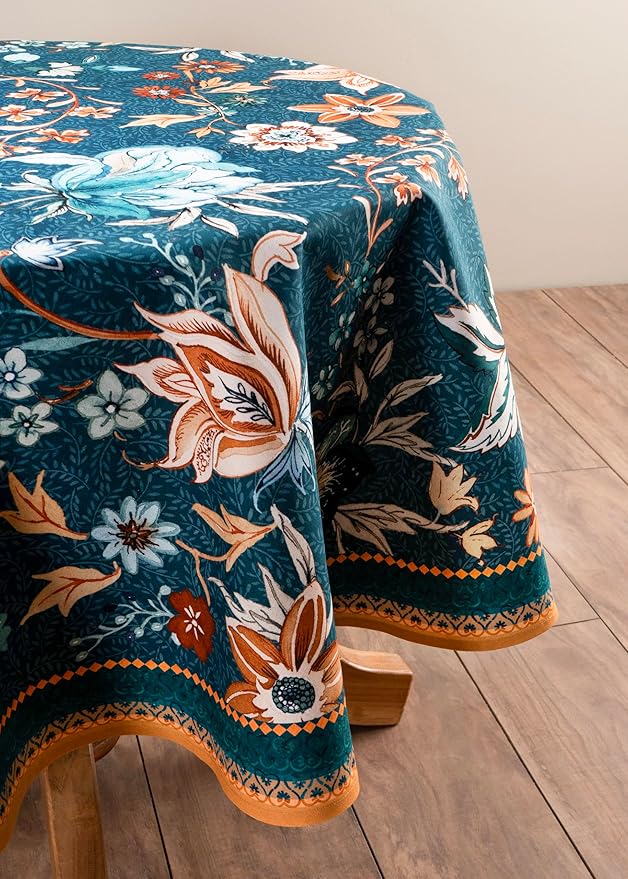 Maison d' Hermine Table Cloth Round Table 100% Cotton 69 Inches Fall Tablecloth Reusable Everyday Use for Thanksgiving Christmas Decorations Dining Farmhouse Party (Luxury Loft - Dark Teal)
