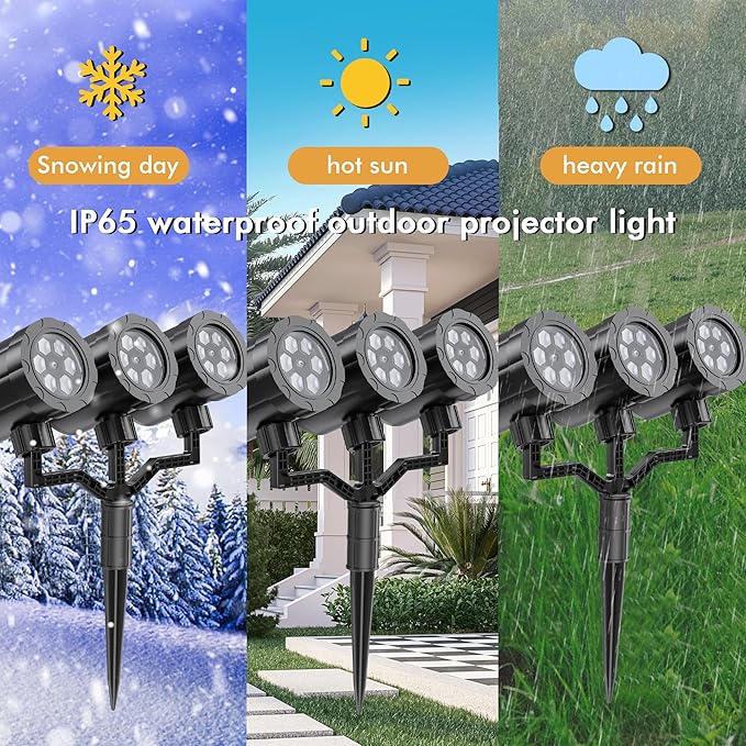 Christmas Projector Lights Outdoor, GUSODOR Upgraded Snowflake Projector, IP65 Waterproof 360°Rotating LED Projection Lights for Christmas Decorations Yard Patio Holiday Party Decor-Three-Head B