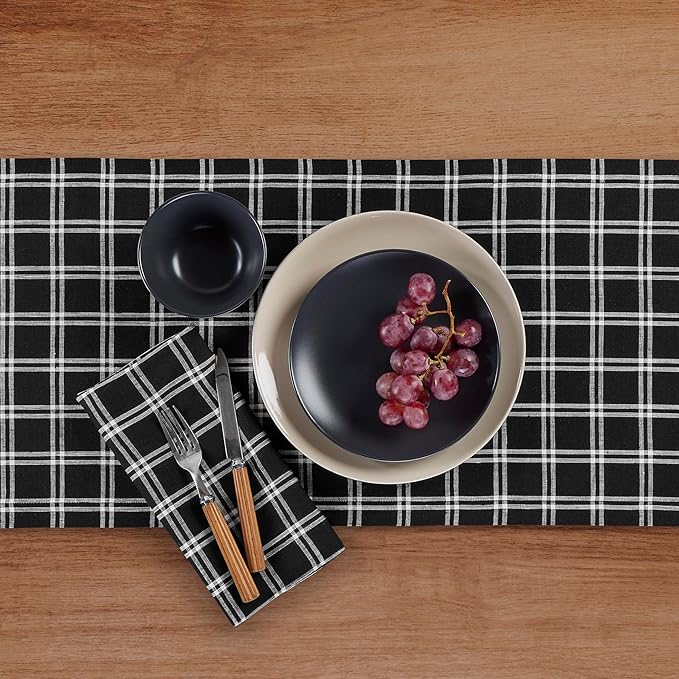 Solino Home Fall Plaid Table Runner 48 Inches - 100% Pure Linen Marseille Plaid Black Short Table Runner 14 x 48 Inch Ideal for Dresser and Coffee Tables - Thanksgiving, Christmas, Holiday