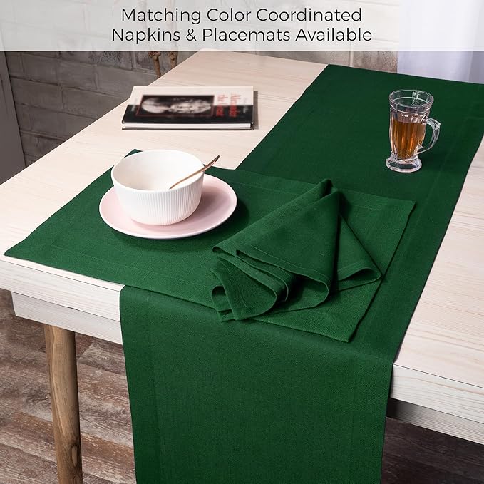 D'Moksha Homes Eden Green Table Runner 14 x 72 Inch - Faux Linen Table Runner 72 Inches Long - Wrinkle Resistant, Machine Washable for Fall, Thanksgiving, Christmas, Holiday - 100% Recycled Fabric