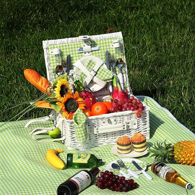 Picnic Basket Set for 4 with Waterproof Blanket Mat Insulation Bag Wicker White Green Plaid Fresh Cottagecore Gift for Wedding Birthday Summer Camp Outdoor Camping Christmas Thanksgiving