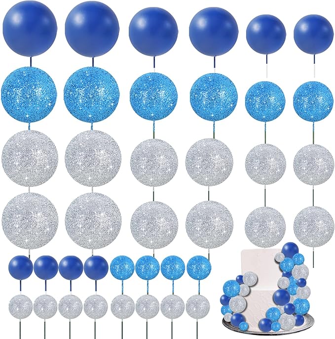 BEISHIDA 40 Pcs Ball Cake Toppers Mini Balls Cake Decorations Blue Silver Foam Balls Sticks DIY Cake Topper for Baking Congrats Grade 2025 Graduation Birthday Winter Party Decorations (Blue Silver)