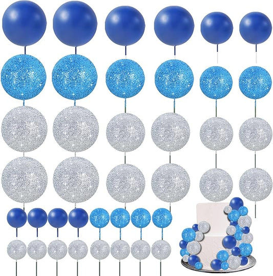 BEISHIDA 40 Pcs Ball Cake Toppers Mini Balls Cake Decorations Blue Silver Foam Balls Sticks DIY Cake Topper for Baking Congrats Grade 2025 Graduation Birthday Winter Party Decorations (Blue Silver)