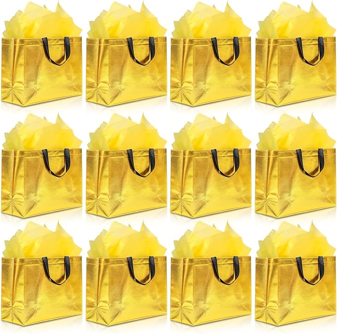 KeerxunBag 12Pcs Reusable Gift Bags（Includes Tissue Paper） Gift bag with handle Birthdays Parties Holidays Weddings Medium 13x5x11in Golden Yellow Gift Bags