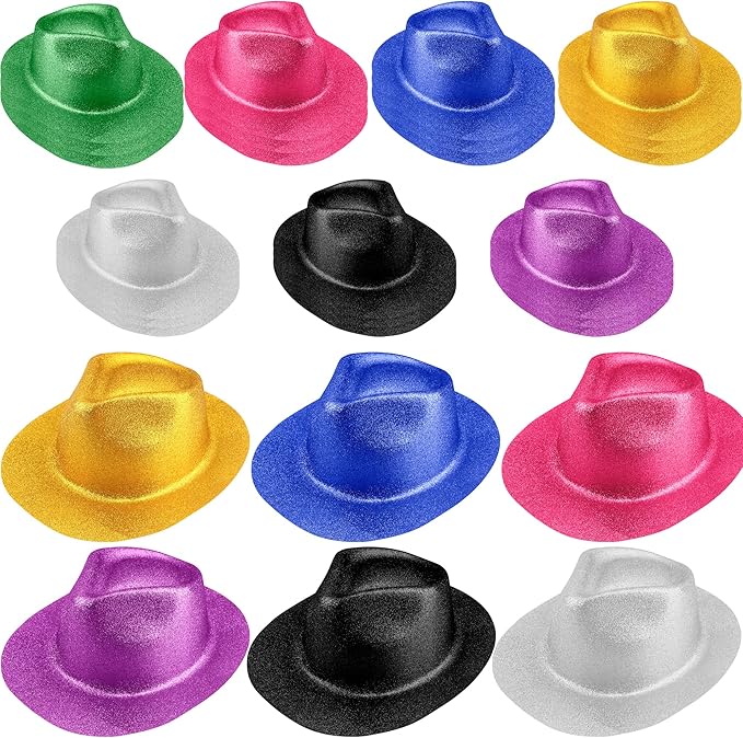 28 Pack Plastic Party Hats Bulk Glitter Party Hat Fedora Party Hat Gangster Hat for Adult Kids Costume Accessory