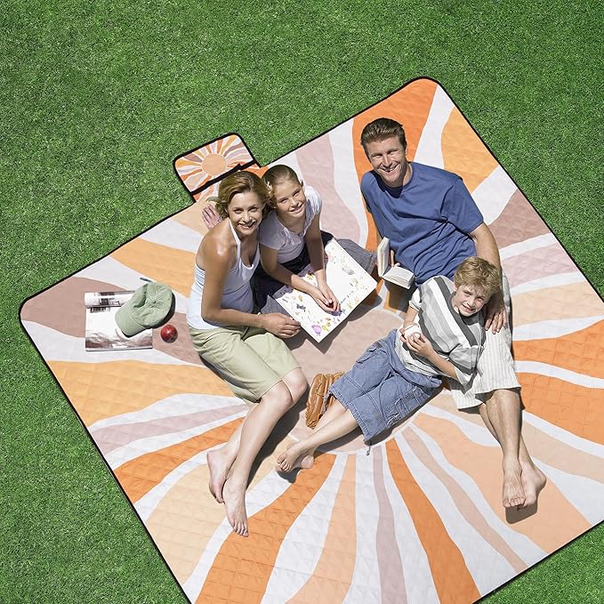 Picnic Blankets, Large Beach Blanket Waterproof Sandproof, Foldable & Portable Outdoor Picnic Blanket, 79''x79'' 3-Layer Picnic Mat for Camping, Park, Travel, Grass Lawn-Boho Sunburst