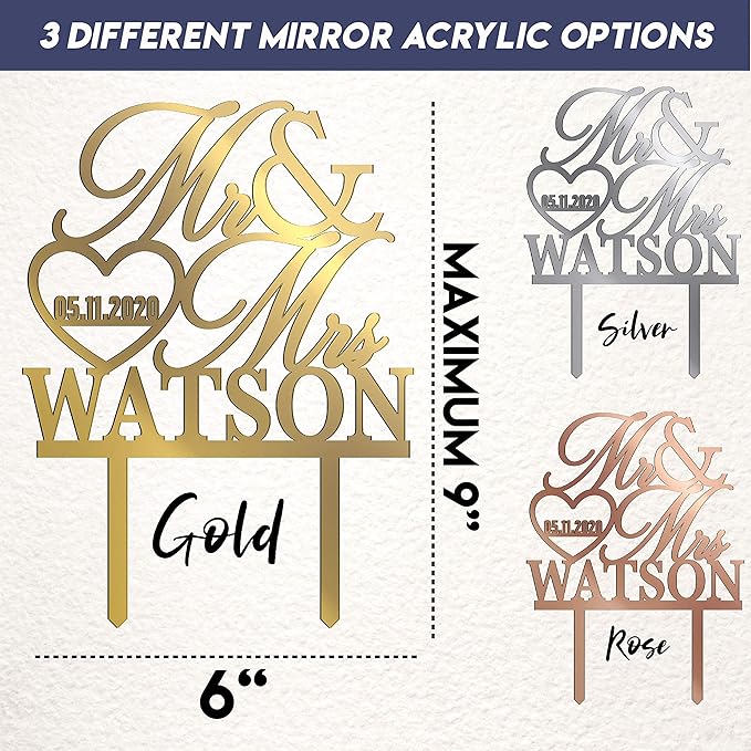 Wedding Cake Topper Personalized, Custom Mr. Mrs. Cake Topper w Last Name, Silver Mirror Acrylic Decoration for Special Event