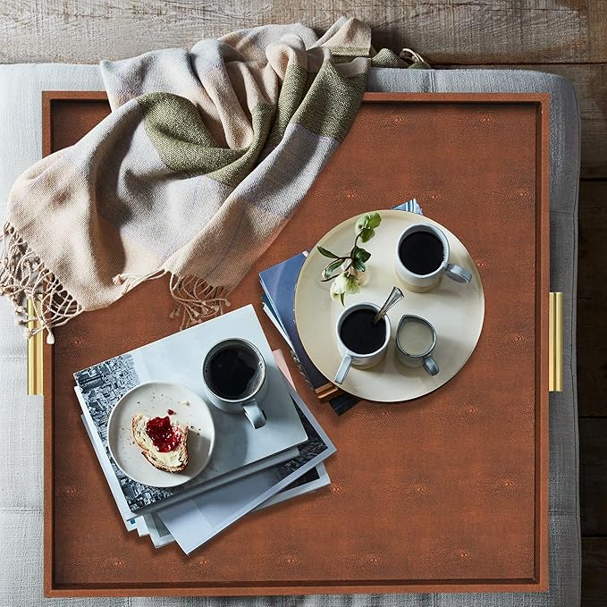 HofferRuffer Extra Large Square Serving Tray, Elegant Faux Leather Ottoman Tray with Gold Hardware Handles, Serve Tea, Coffee or Breakfast in Bed, 24 x 24 inches (Brown Shagreen)