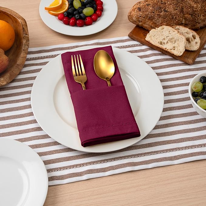 Blue Needles Set of 6 Hemstitch Linen Napkins 100% Cotton Burgundy Cloth Dinner Napkins 18x18 inches, Soft, Reusable, Absorbent, Washable, Ideal for Fall Thanksgiving Events, Parties & Everyday Use