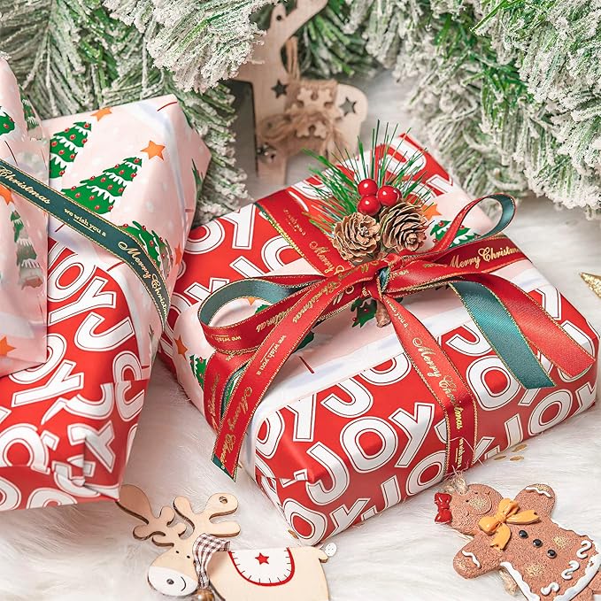 WRAPAHOLIC 30 Inch Jumbo Reversible Christmas Wrapping Paper - 30 Inch x 33 Feet - Christmas Tree Wrapping Paper with Joy Lettering Perfect for Holiday, Party, Celebration