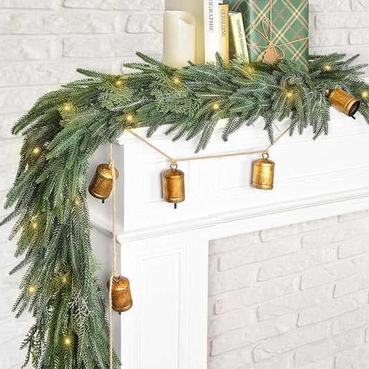 Fovths 6 Ft Christmas Garlands with Lights and Bells Real Touch Norfork Cedar Pine Garland Artificial Greenery Garlands for Christmas Mantle, Table Indoor Outdoor Decorations, Green and White
