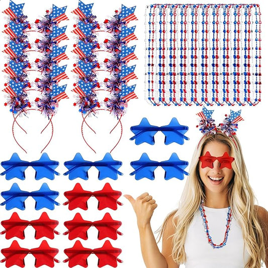 50 Pcs Red and White Holiday Team Spirit Party Accessories Pom Pom Party Headbands Star Shape Sunglasses Bead Necklaces Stuff Favors for Birthday Wedding Supplies( Independence Day)