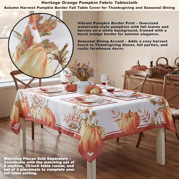 Home Bargains Plus Thanksgiving Contemporary Orange Pumpkin Tablecloth, 52 x 52 Inch Square, Fall Harvest Easy Care Fabric Table Cover