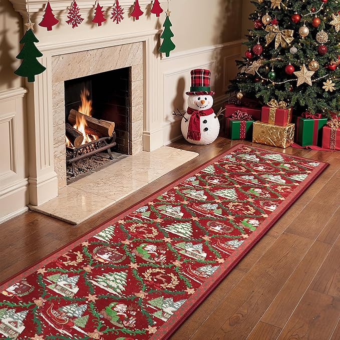 Christmas Runner Rug 2x10 Washable Rug for Hallway Kitchen Bedroom, Christmas Home Decor, Holiday Print Carpet, Low Pile Mat with Non Slip Backing, Crimson Christmas Tale Pattern