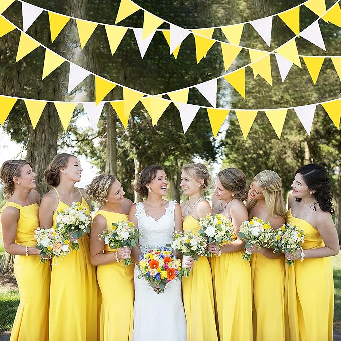 32Ft Yellow Party Decorations Yellow White Pennant Banner Fabric Triangle Flag Bunting Garland for Lemon Bee Sunflower Birthday Baby Shower Anniversary Wedding Party Home Outdoor Garden Decorations
