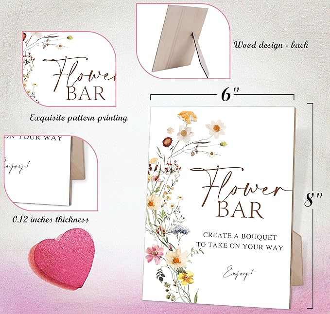 Flower Bar Sign, Wedding Decorations for Reception, Bridal Shower Party Decorations, Table Centerpieces for Party, Flower Bar Supplies, 6X8 Inch Wooden Bridal Shower Signs with Stand, 3